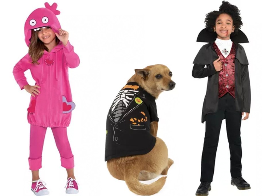 girl, dog and boy in halloween costumes