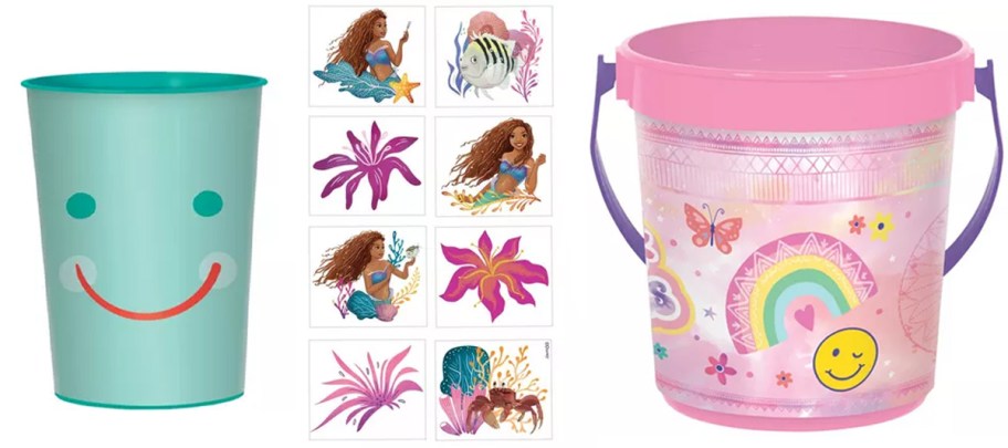 blue smiles party cup, little mermaid tattoos, and pink princess bucket