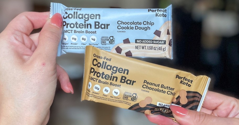 hand holding 2 Collagen Protein Bars in the wrappers