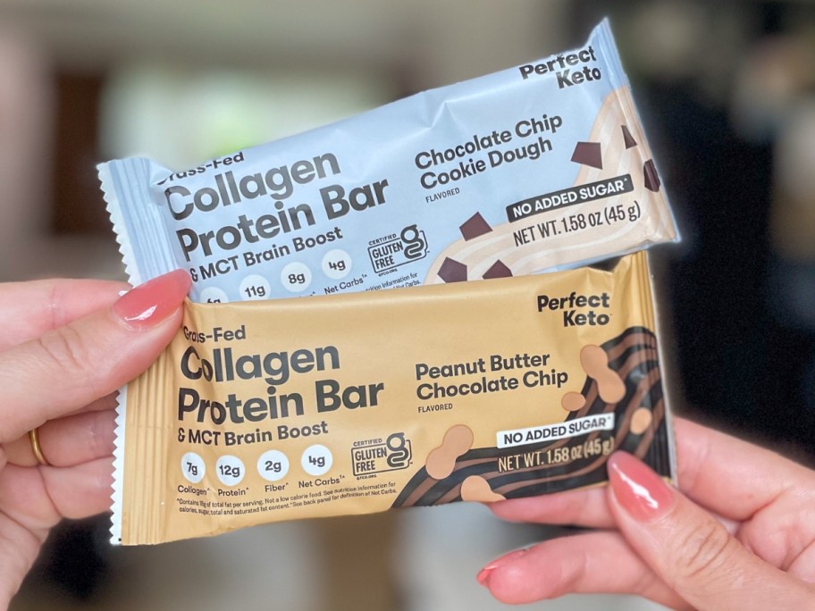hand holding 2 Collagen Protein Bars in the wrappers