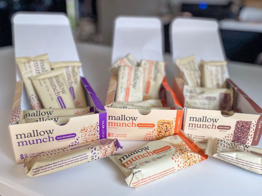 perfect keto mallow munch bars boxes on kitchen counter