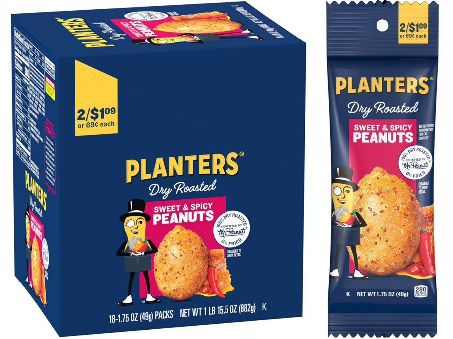 planters sweet and spicy peanuts box next to pack