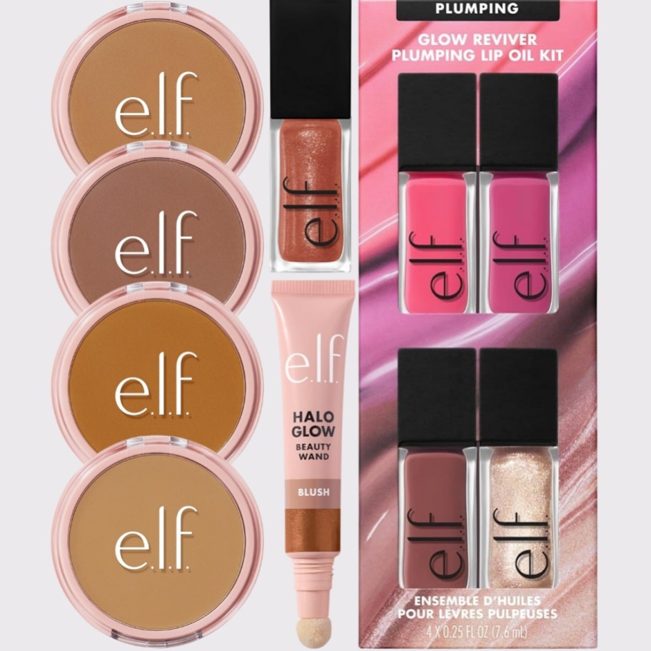elf halow filter powder, lip oil, glow wand and lip oil kit