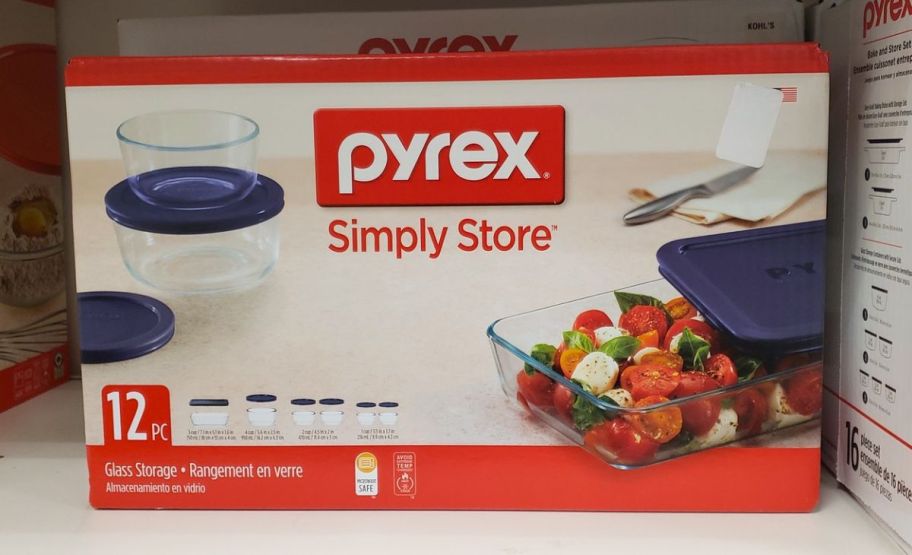 pyrex simply store 12 piece storage set in a box on a store shelf