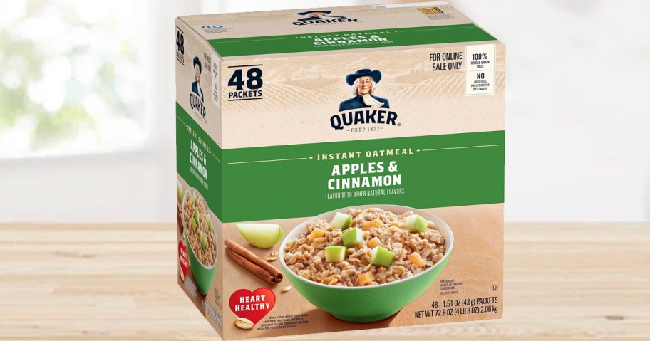 quaker apples and cinnamon oatmeal box on countertop 