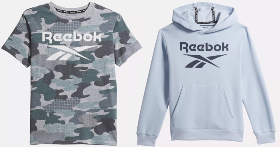 Reebok boys camo shirt and blue hoodie