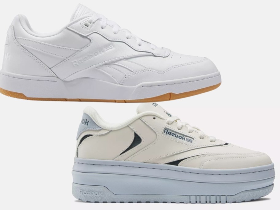 Reebok adult shoes - 1 in solid white court style and 1 women's platform Club C style in light blue and white