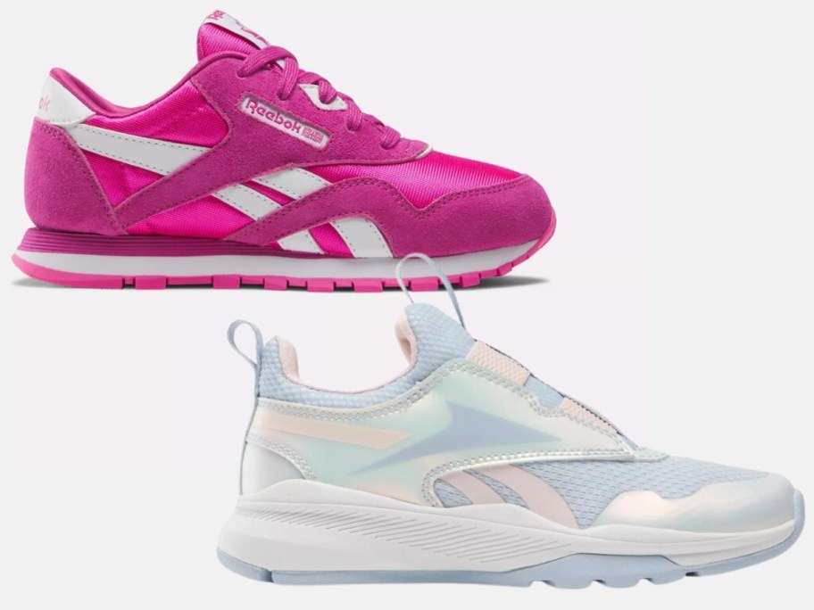 hot pink kid's classic Reebok shoe, and pastel and white kid's Reebok shoe