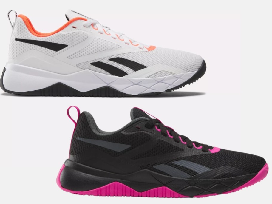 Reebok workout shoes - men's in white with blue and orange and women's in black with hot pink