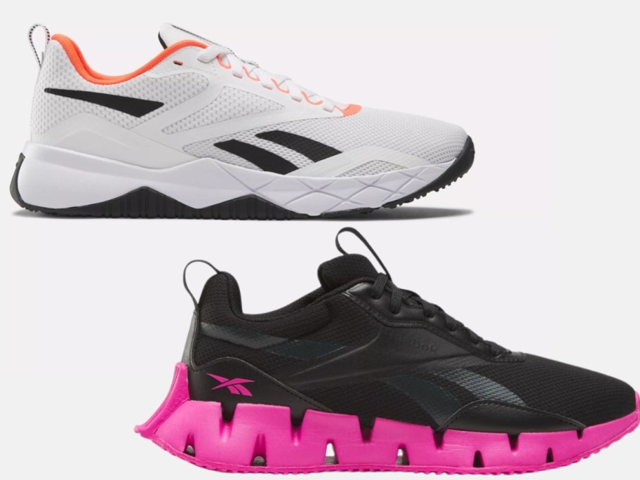 men's and women's Reebok workout shoes - white with blue and orange and black with hot pink sole