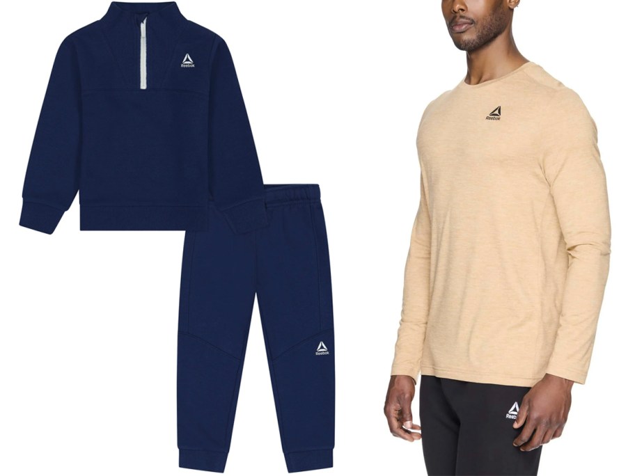 navy blue jogger set and man wearing tan long sleeve tee