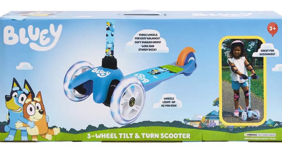 kid's Bluey scooter with light up wheels in the box