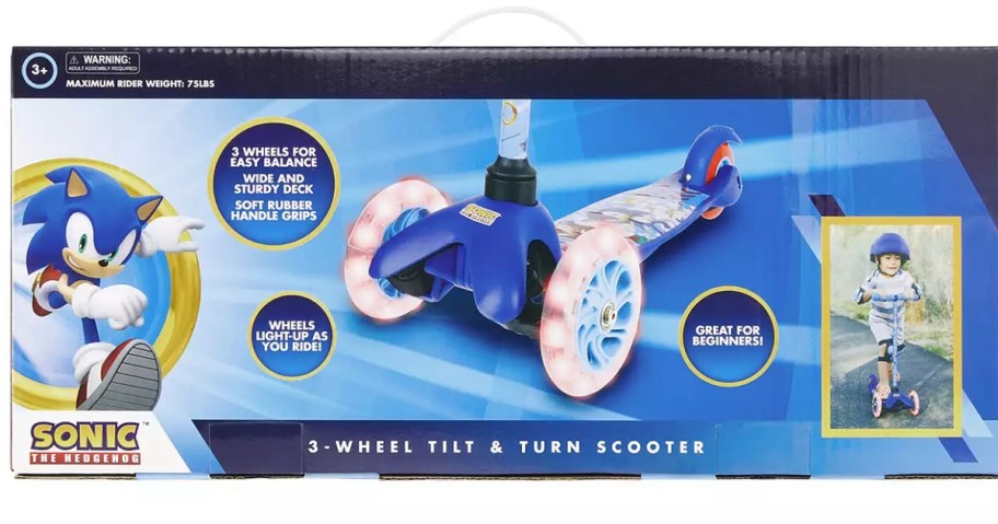 kid's Sonic the Hedgehog scooter with light up wheels in the box