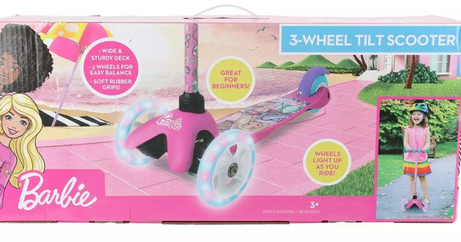 kid's Barbie scooter with light up wheels in the box