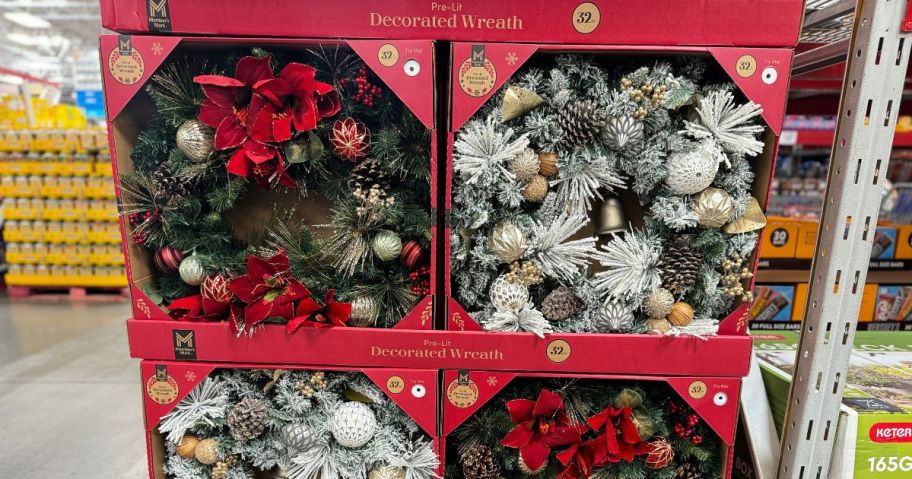 christmas wreaths on display at Sam's Club