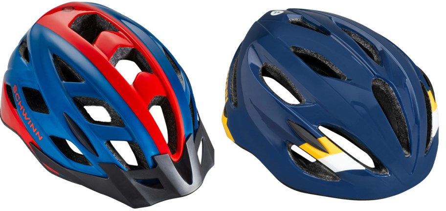 two blue and red schwinn bike helmets