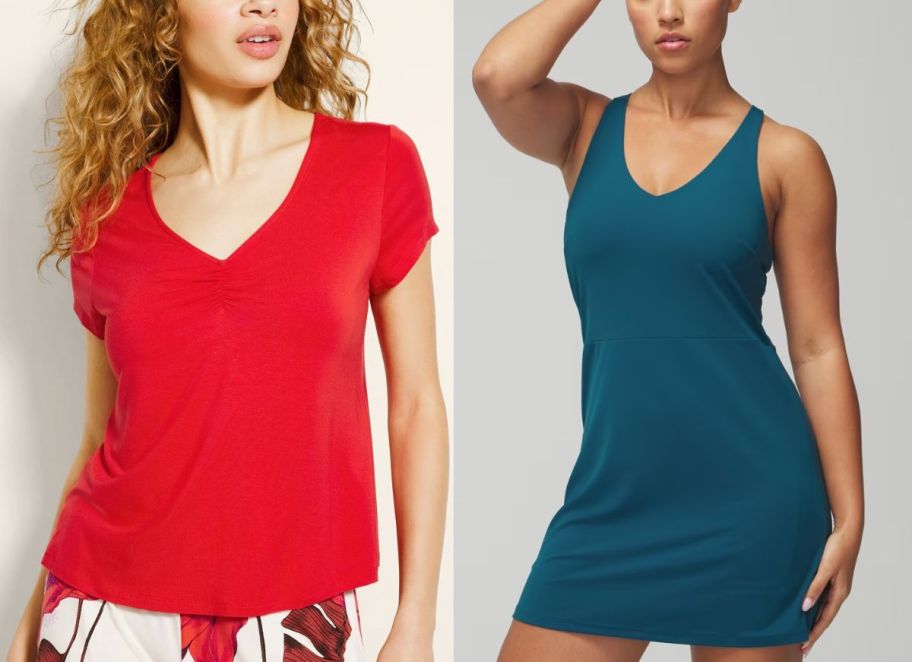 a woman in a red cool night tee and a woman in a teal racerback tank dress
