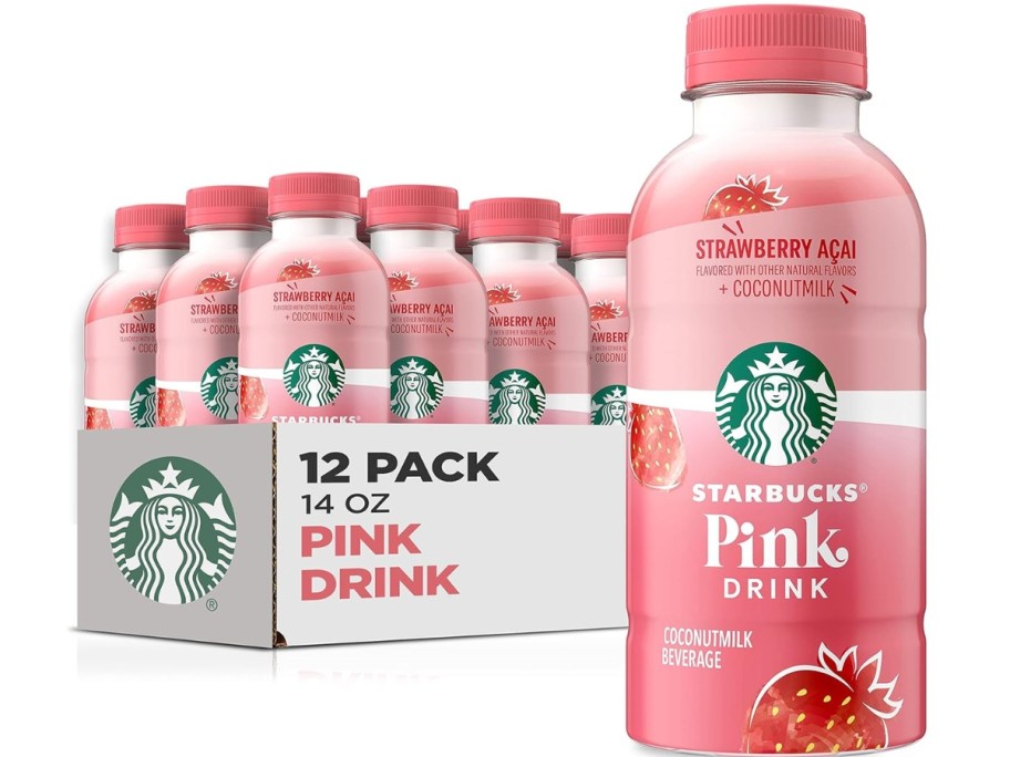 pack of 12 Starbucks Pink Drink bottles with 1 bottle in front