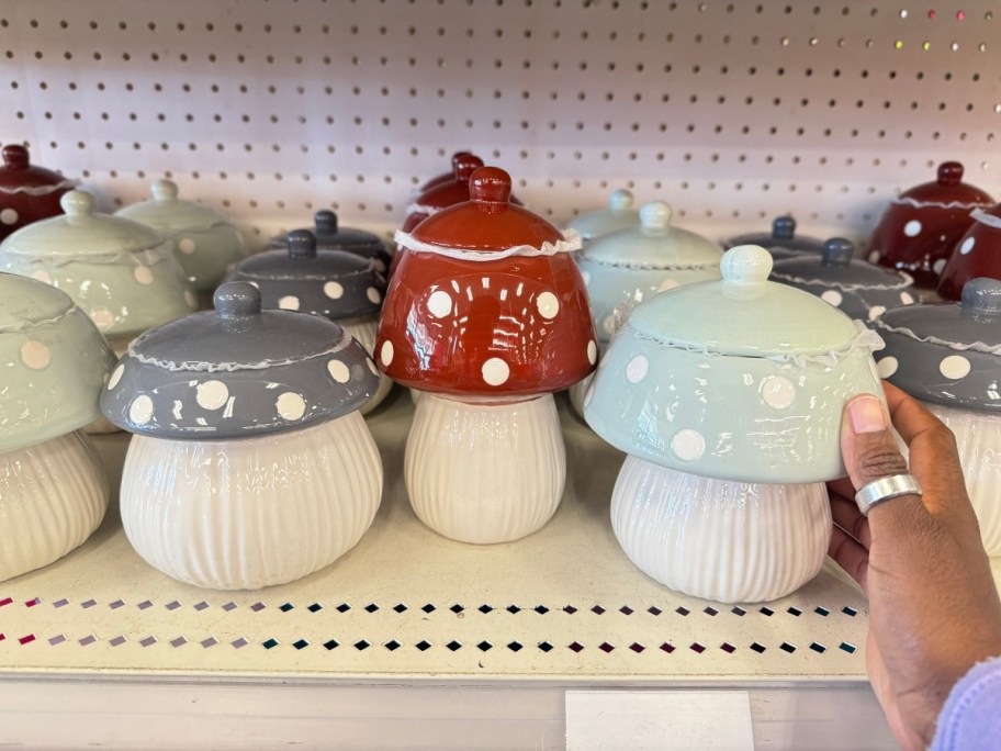 hand reaching for a mushroom shaped canisters on a shelf with more