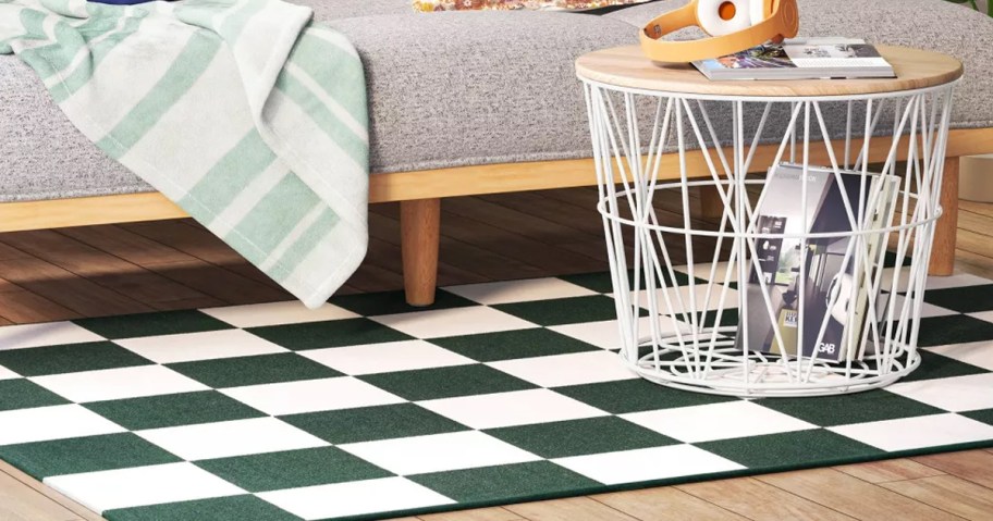 green and white checkered rug 