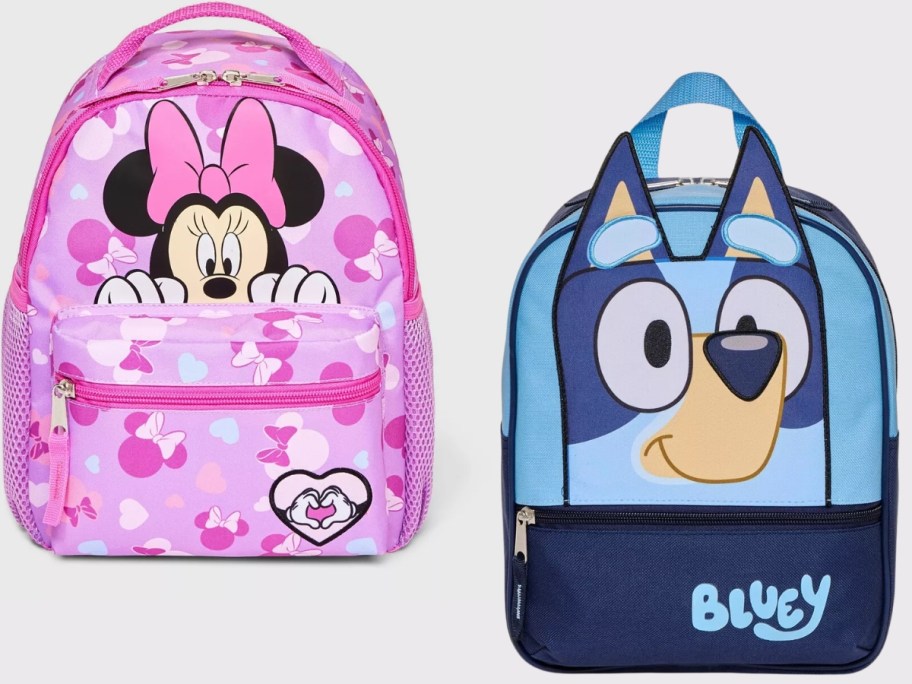 toddler's pink Minnie Mouse backpack and blue Bluey backpack