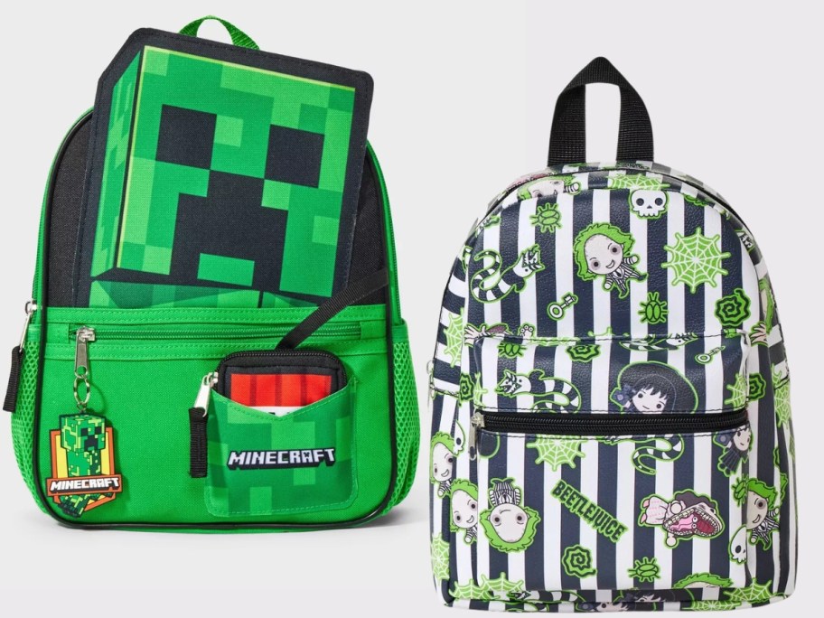 green minecraft backpack and black, white and green Beetlejuice backpack