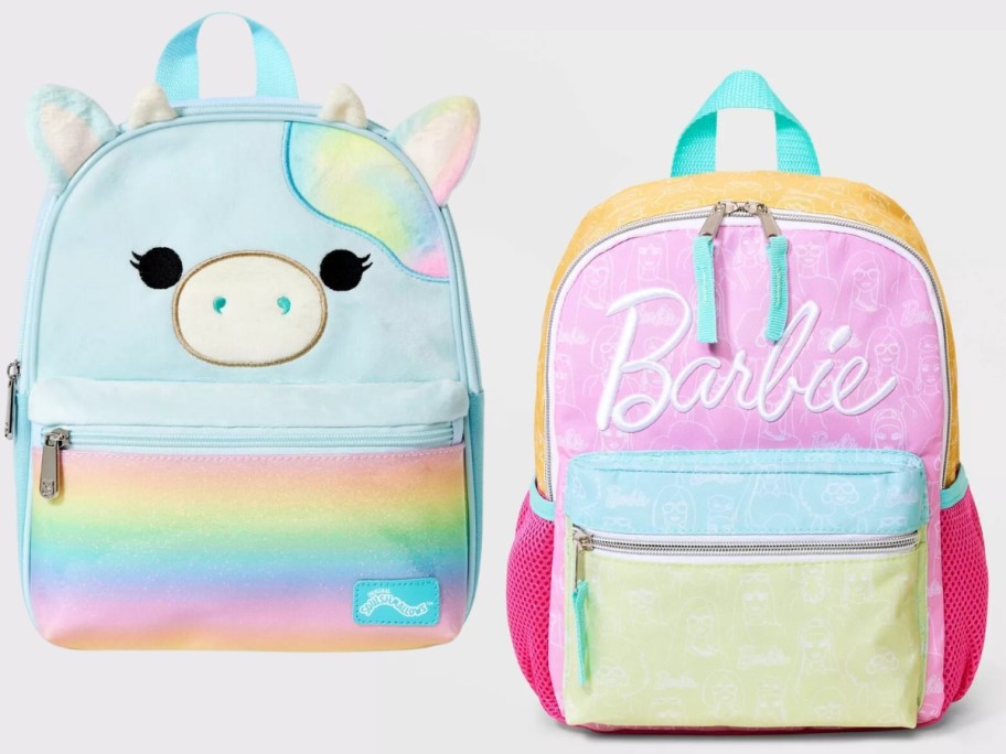 blue cow Squishmallows backpack and pink, yellow and blue Barbie backpack