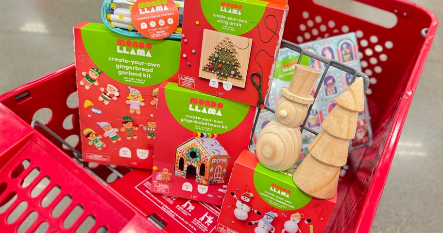 mondo llama christmas crafts in a target shopping cart 