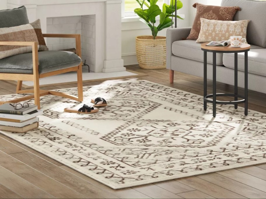 a living room with furniture and a cream and tan pattern large area rug