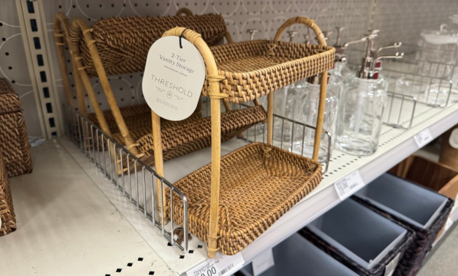 two tier woven vanity bathroom storage tray on a target store shelf