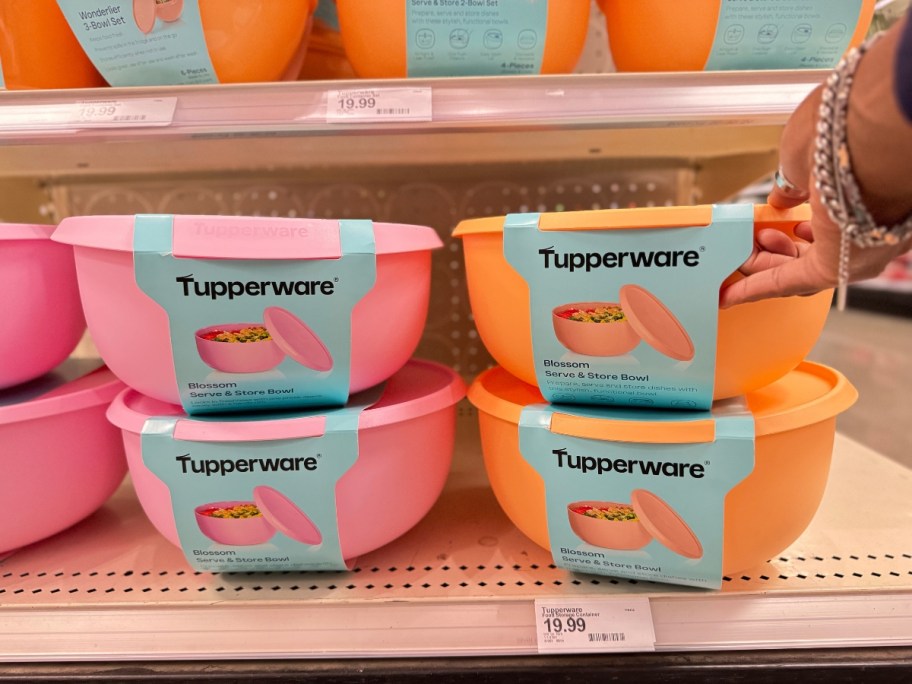 Tupperware bowl sets on a shelf