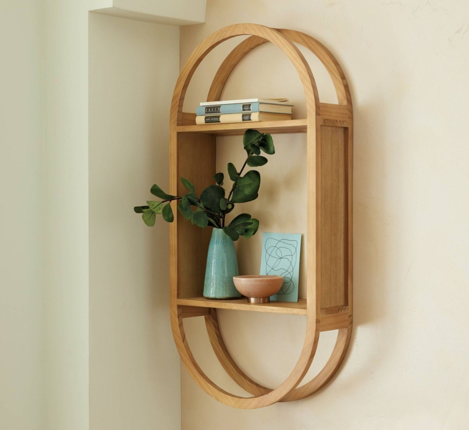 brown oval natural wall shelf with plant on it