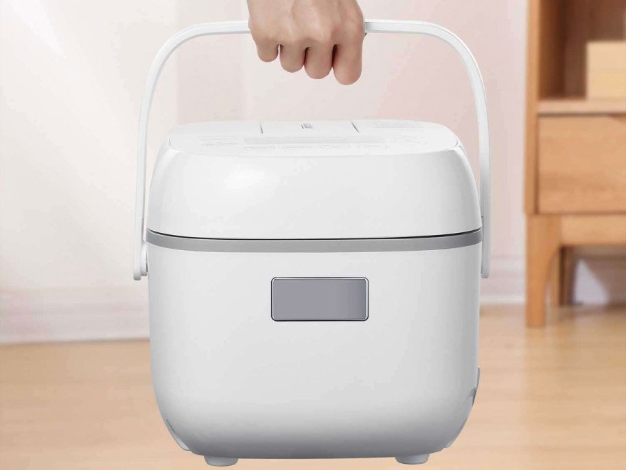 hand holding Toshiba rice cooker with handle