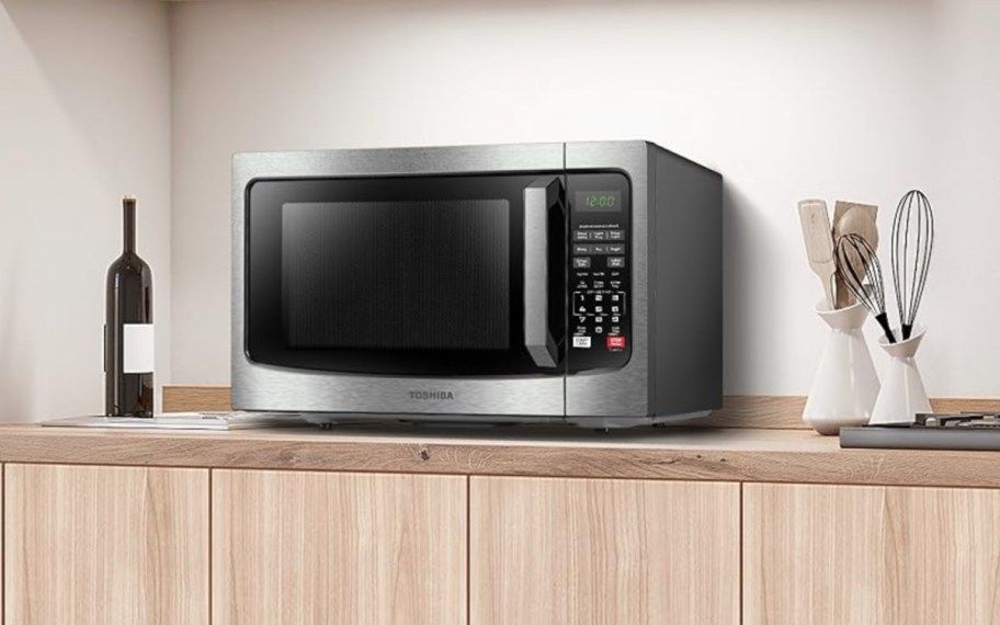 stainless steel microwave oven on a counter