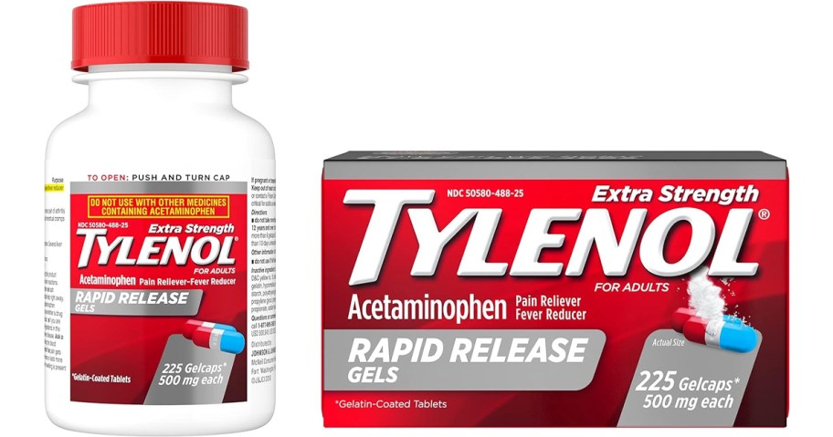 tylenol rapid release gels medicine bottle and box