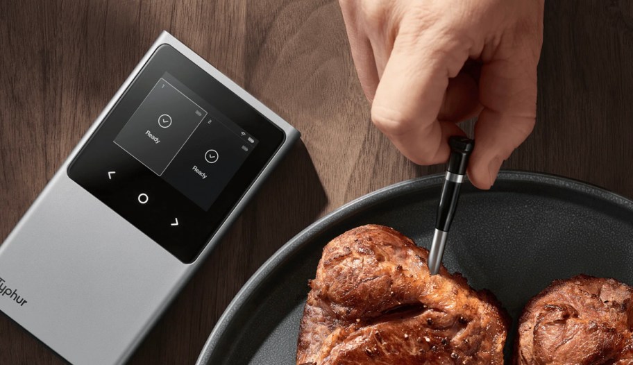 hand putting meat thermometer into steak on plate