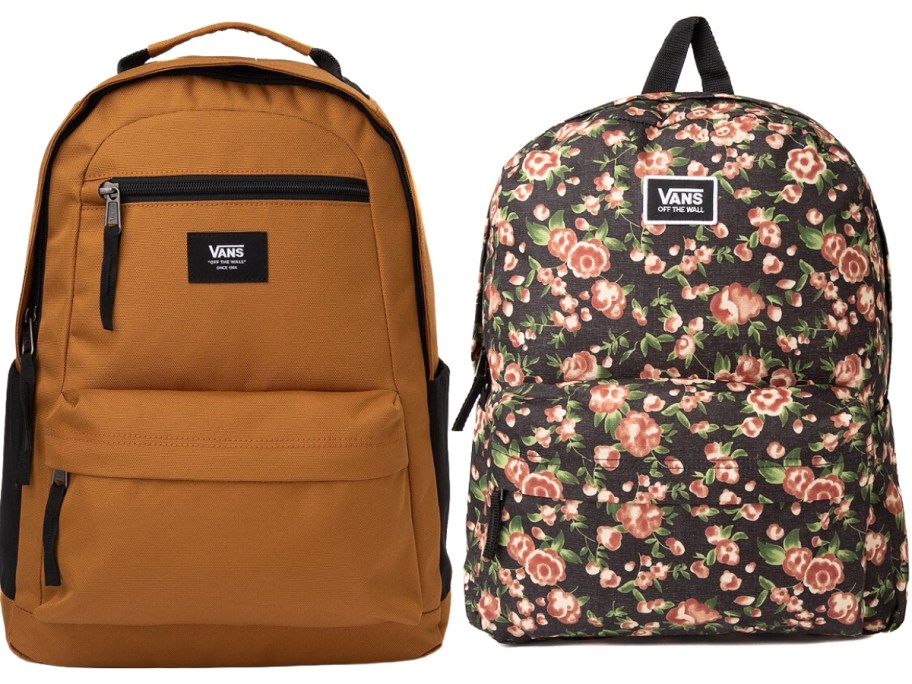golden brown color Vans backpack and a black and pink floral Vans backpack