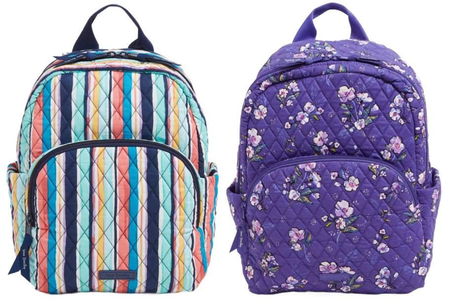 striped and purple floral backpacks