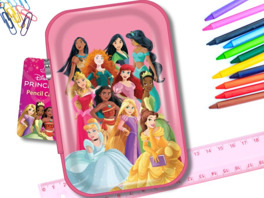 pink Disney Princess zipper pencil case next to school supplies