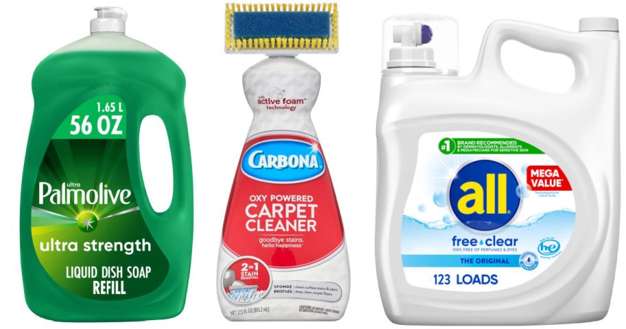 dish soap, carpet cleaner, and detergent on a white background