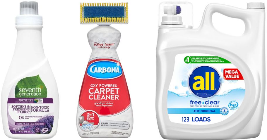 dish soap, carpet cleaner, and laundry detergent on a white background