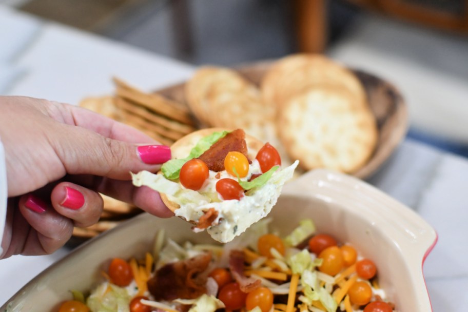 water-cracker-with-blt-dip-spread-on-top-1-1 سيحب عشاق لحم الخنزير المقدد هذا الغمس الكريمي BLT!