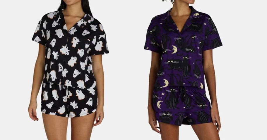 two women wearing halloween pajama sets