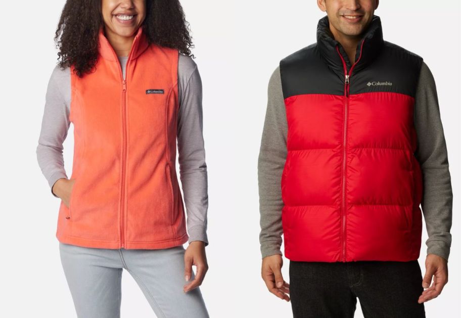 a woman and a man wearing columbia vests