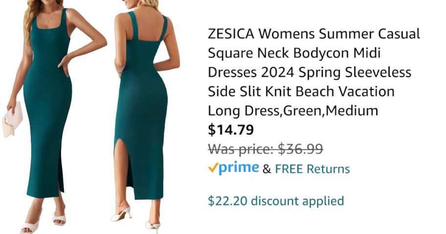 front and back view of green dress next to Amazon pricing information