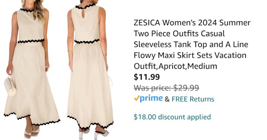 woman showing front and back view of beige dress next to Amazon pricing information