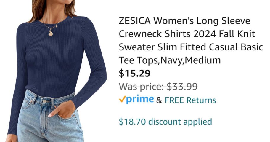 woman wearing navy shirt next to Amazon pricing information