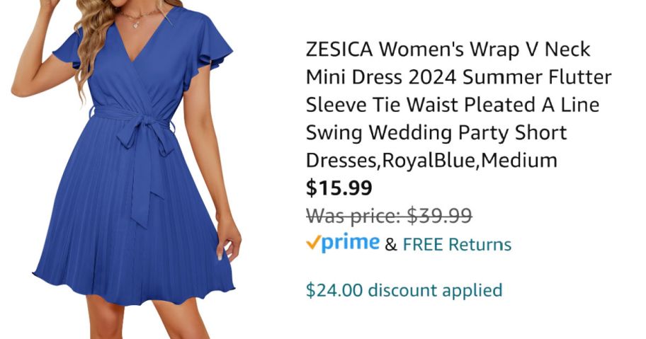 woman wearing blue dress next to Amazon pricing information