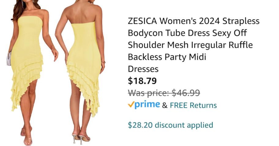 front and back view of yellow dress next to Amazon pricing information