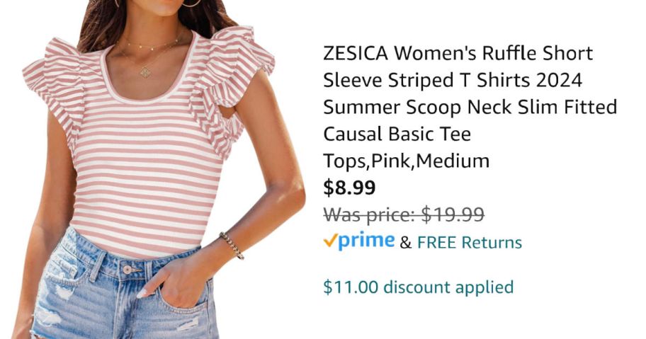 woman wearing striped shirt next to Amazon pricing information
